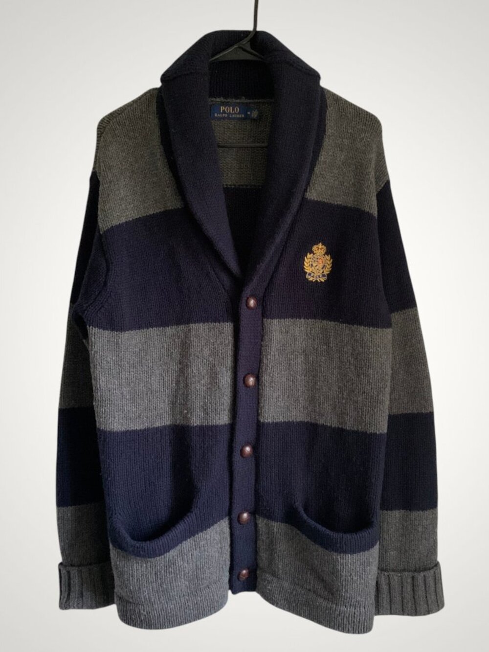 Polo mens 100% wool cardigan, navy and grey stripe, size M